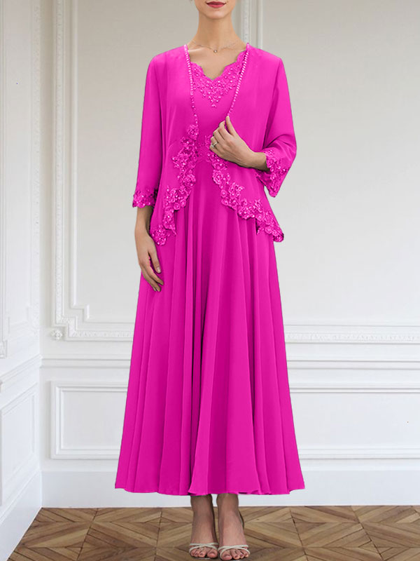 A-line V-Neck Ankle-Length Chiffon Mother of the Bride Dress With Sequins Appliques Lace Beading