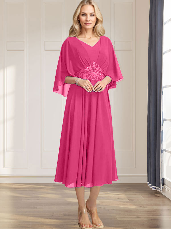 A-Linie V-Ausschnitt Wadenlanges Chiffonkleid für die Brautmutter mit plissierten Paillettenapplikationen Spitzenbesatz