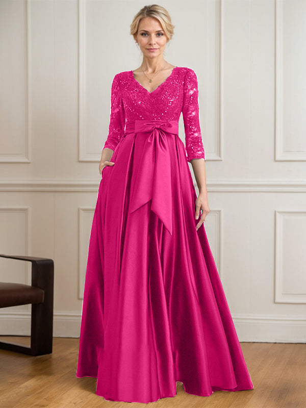 A-Linie V-Ausschnitt Bodenlanges Satin-Spitzenkleid für die Brautmutter mit Paillettenschleife