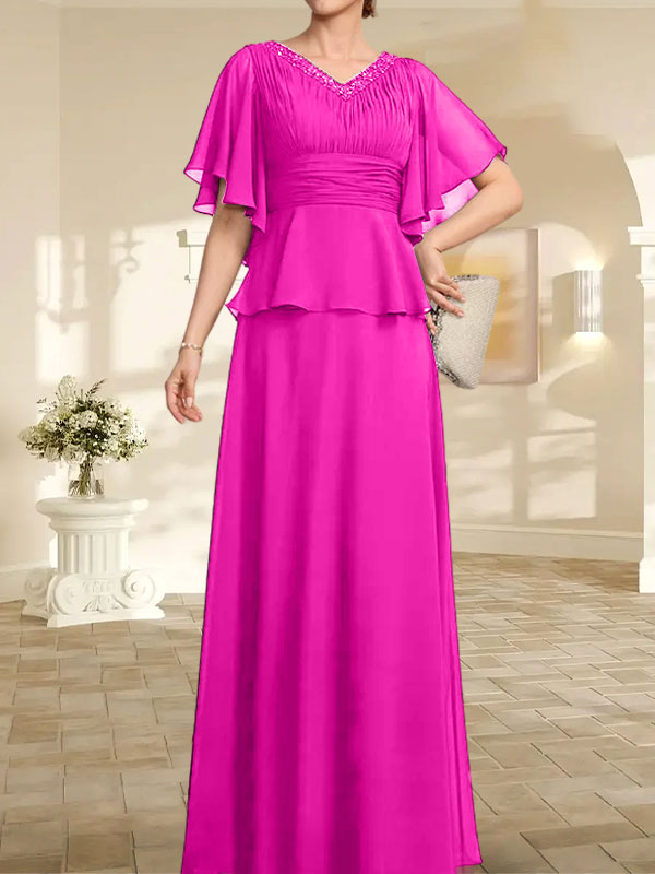A-Linien-Kleid aus Chiffon mit V-Ausschnitt und bodenlangem Schnitt für die Brautmutter mit plissierten Perlen