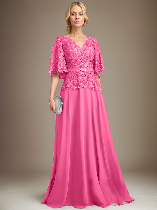 A-Linie V-Ausschnitt Bodenlanges Chiffon-Spitzenkleid für die Brautmutter mit Kristallbrosche und Strass
