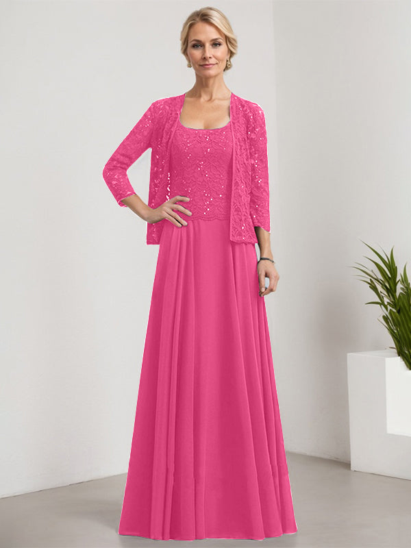A-Linie Quadratisches Bodenlanges Spitzen-Chiffon-Kleid für die Brautmutter mit Pailletten