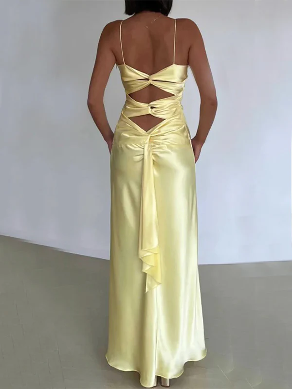 Vestido de noche sencillo de satén amarillo con escote en V y corte A, Y8551