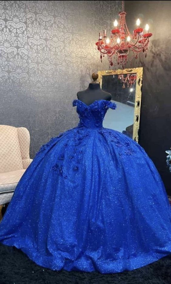 Vestido de quinceañera con hombros descubiertos y lentejuelas, azul rey, con estampado floral 3D Y5564