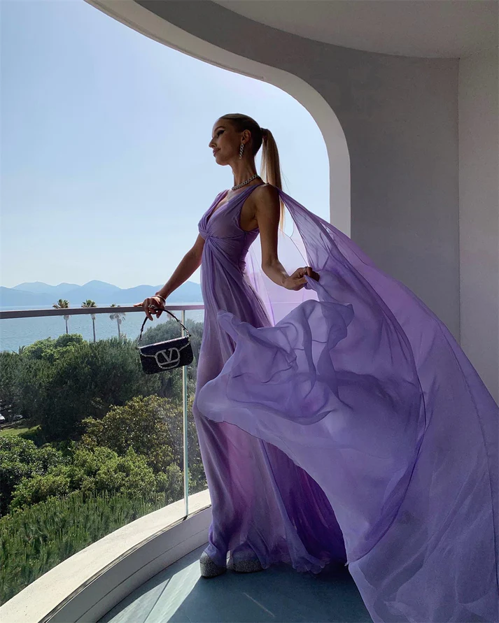 Vestido de fiesta de tul morado con escote en V, largo y sencillo, Y7774