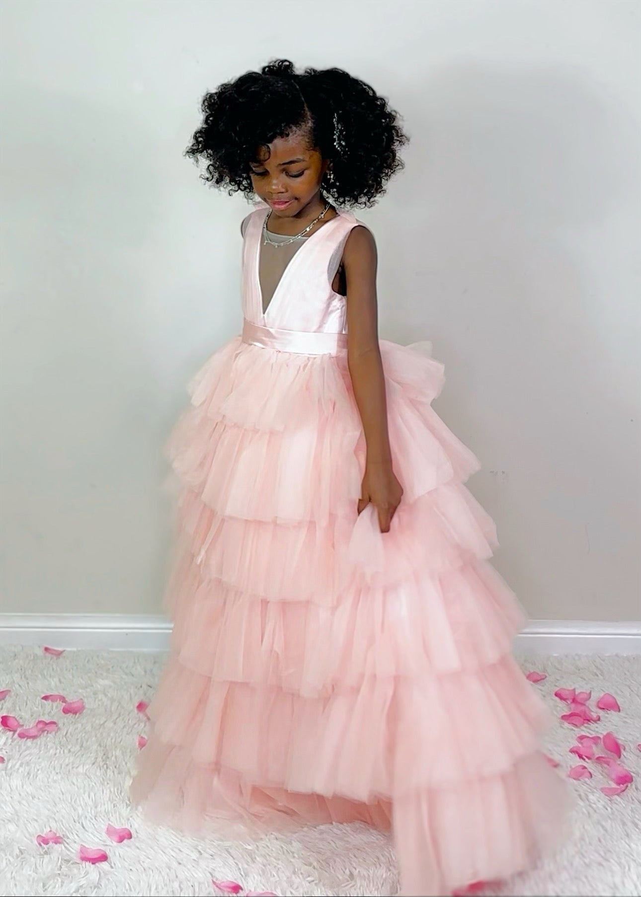 Vestido de fiesta/princesa rosa perla sin mangas con lazo de tul para niña de las flores