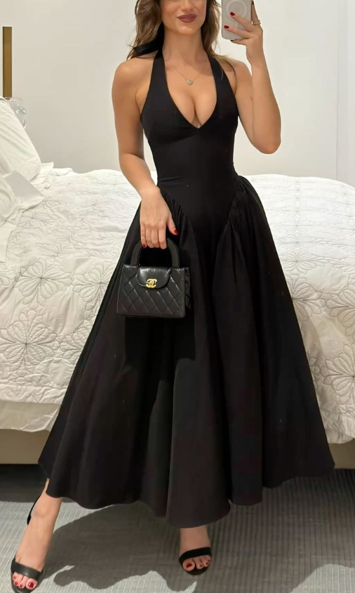 Sexy A-Linie V-Ausschnitt Ballkleid Schwarzes Abendkleid Y7856