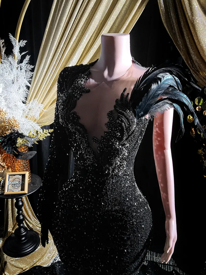 Schwarze Pailletten Strass Applikation Langarm Meerjungfrau Ballkleid Abendkleid Y8313