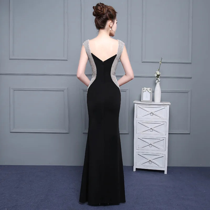 Sex Black Backless Satin V-neck Zipper Elegant Evening Dresses Mermaid Party Gown Evening Gowns Formal Dresses LX180-payinti