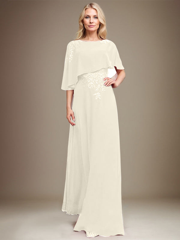 A-Linie U-Ausschnitt Bodenlang Chiffon Spitze Kleid für die Brautmutter mit Pailletten und Perlen