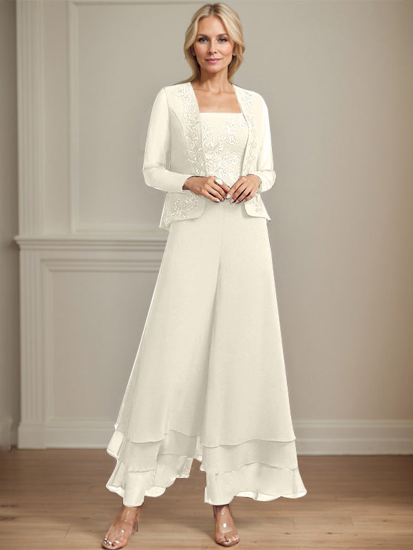 Separates Jumpsuit/Hosenanzug Quadratisches Knöchellanges Spitzenchiffonkleid für die Brautmutter mit Pailletten