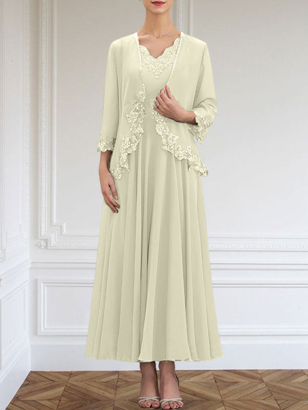 A-line V-Neck Ankle-Length Chiffon Mother of the Bride Dress With Sequins Appliques Lace Beading