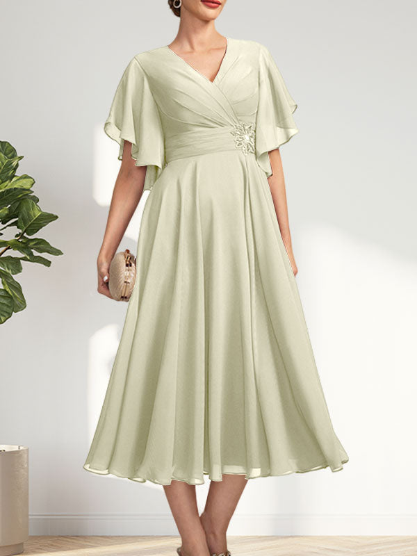 A-line V-Neck Tea-Length Chiffon Mother of the Bride Dress With Pleated Beading