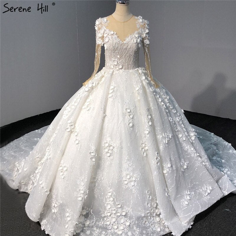 Elfenbein Langen Ärmeln Handgemachte Blumen Hochzeit Kleider 2025 Dubai O-ansatz Vintage Prinzessin Brautkleider HA2263 Nach Maß