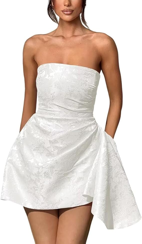 A-Linie, trägerlos, ärmellos, kurzes Heimkehrkleid, Jacquard-Satin, asymmetrisch, Partykleider mit Schnürung