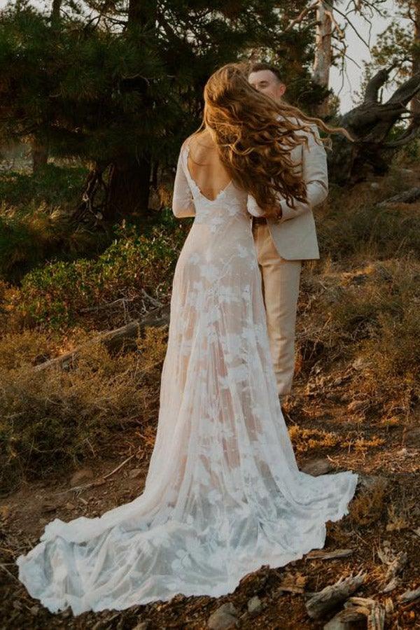 Ivory Long Sleeve Rustic Wedding Dresses Backless Sheath Beach Wedding Dress WD384