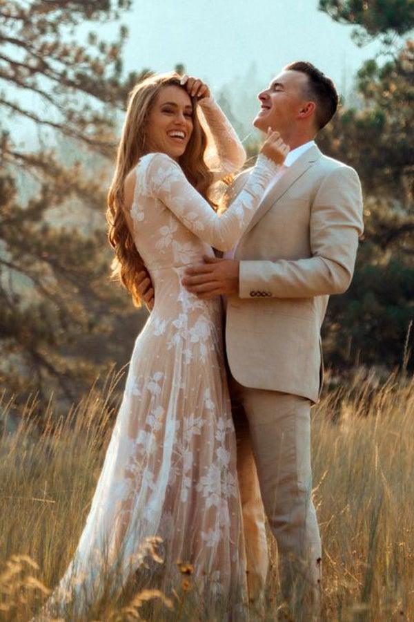 Ivory Long Sleeve Rustic Wedding Dresses Backless Sheath Beach Wedding Dress WD384