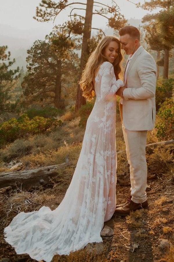 Ivory Long Sleeve Rustic Wedding Dresses Backless Sheath Beach Wedding Dress WD384