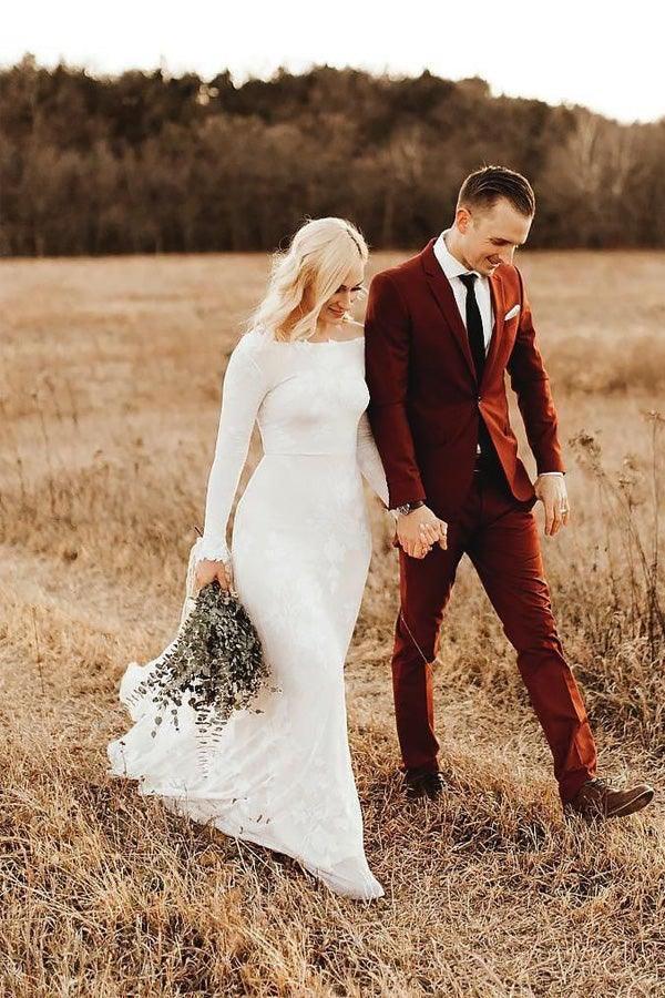 Ivory Long Sleeve Rustic Wedding Dresses Backless Sheath Beach Wedding Dress WD384