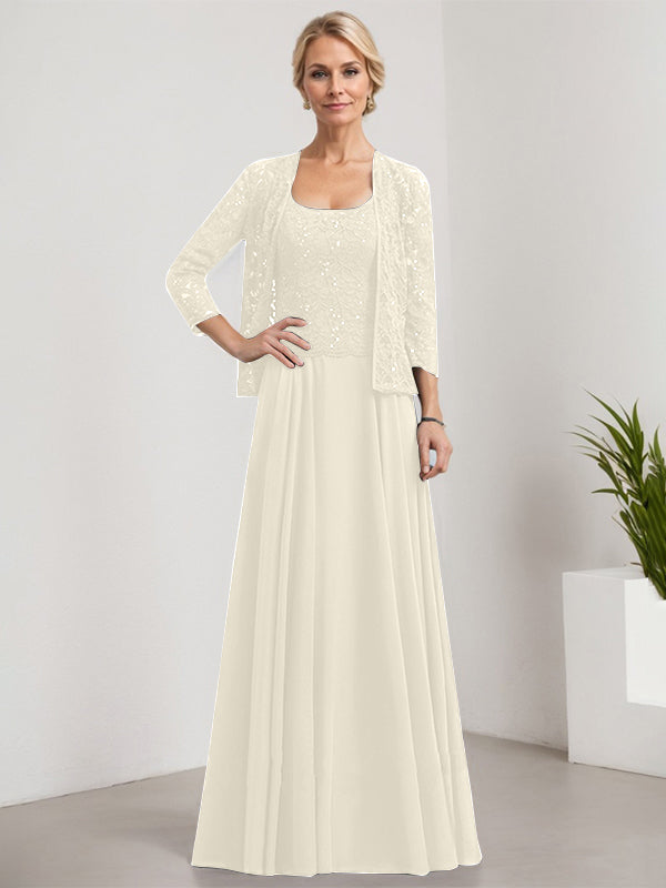A-Linie Quadratisches Bodenlanges Spitzen-Chiffon-Kleid für die Brautmutter mit Pailletten