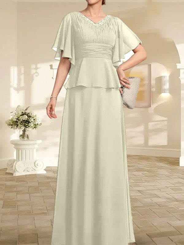 A-Linien-Kleid aus Chiffon mit V-Ausschnitt und bodenlangem Schnitt für die Brautmutter mit plissierten Perlen