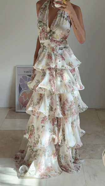 Vestido de fiesta glamuroso de gasa con estampado floral, corte A, espalda descubierta, escote en V, vestido de noche con capas Y8501