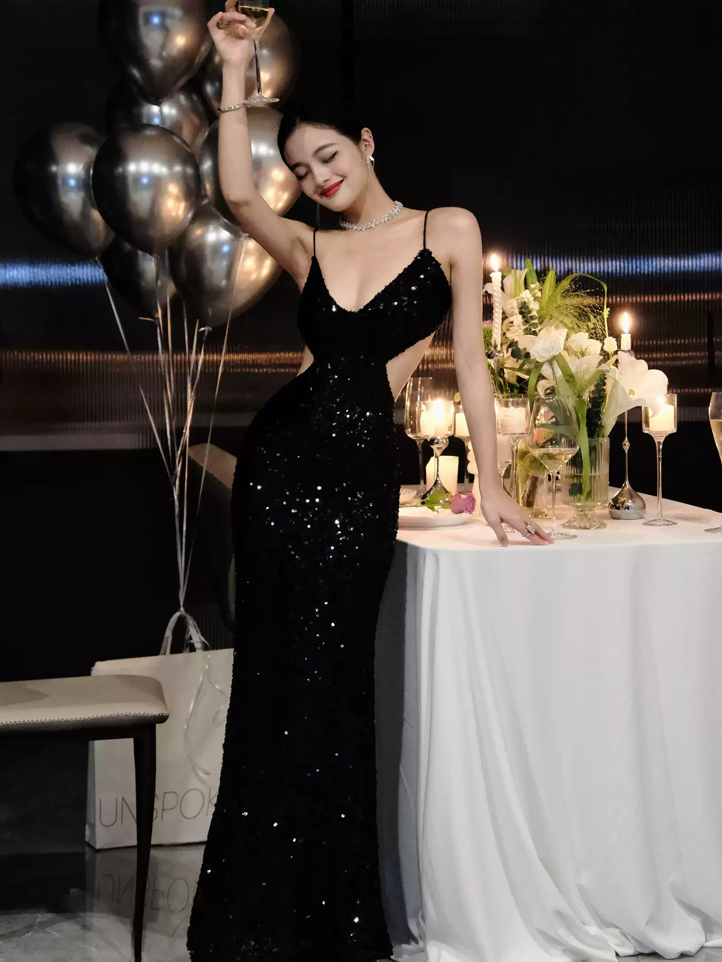 Vestido de noche negro brillante con lentejuelas, sexy, sin espalda Y1124