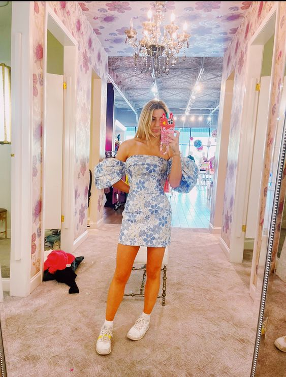 Vestido elegante de fiesta sin tirantes con estampado floral azul Y2774