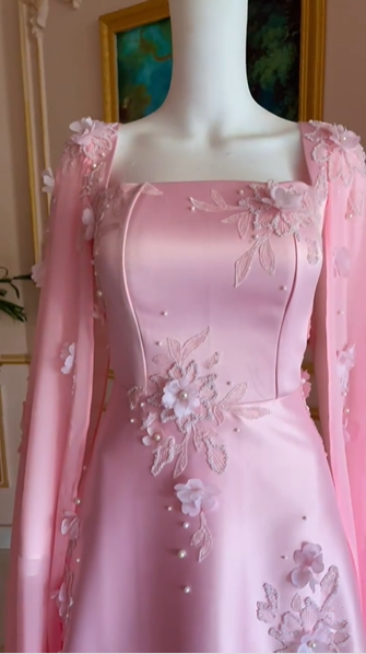 Luxury Pink Satin Long A Line Evening Dress Pretty Appliques Prom Dress Y7591