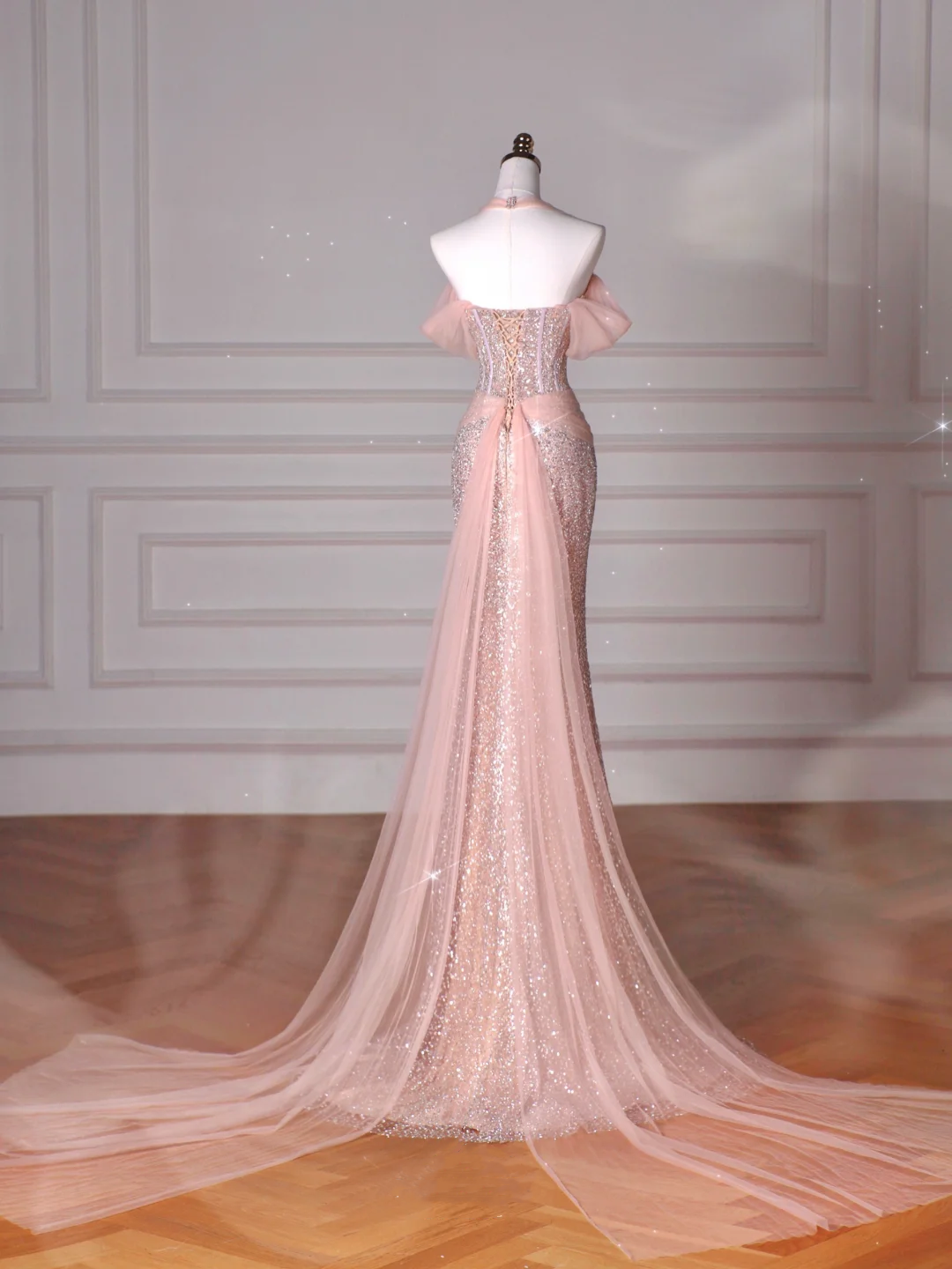 Vestido de noche largo estilo sirena con cuello halter, lentejuelas y cuentas de tul, color rosa, Y8620