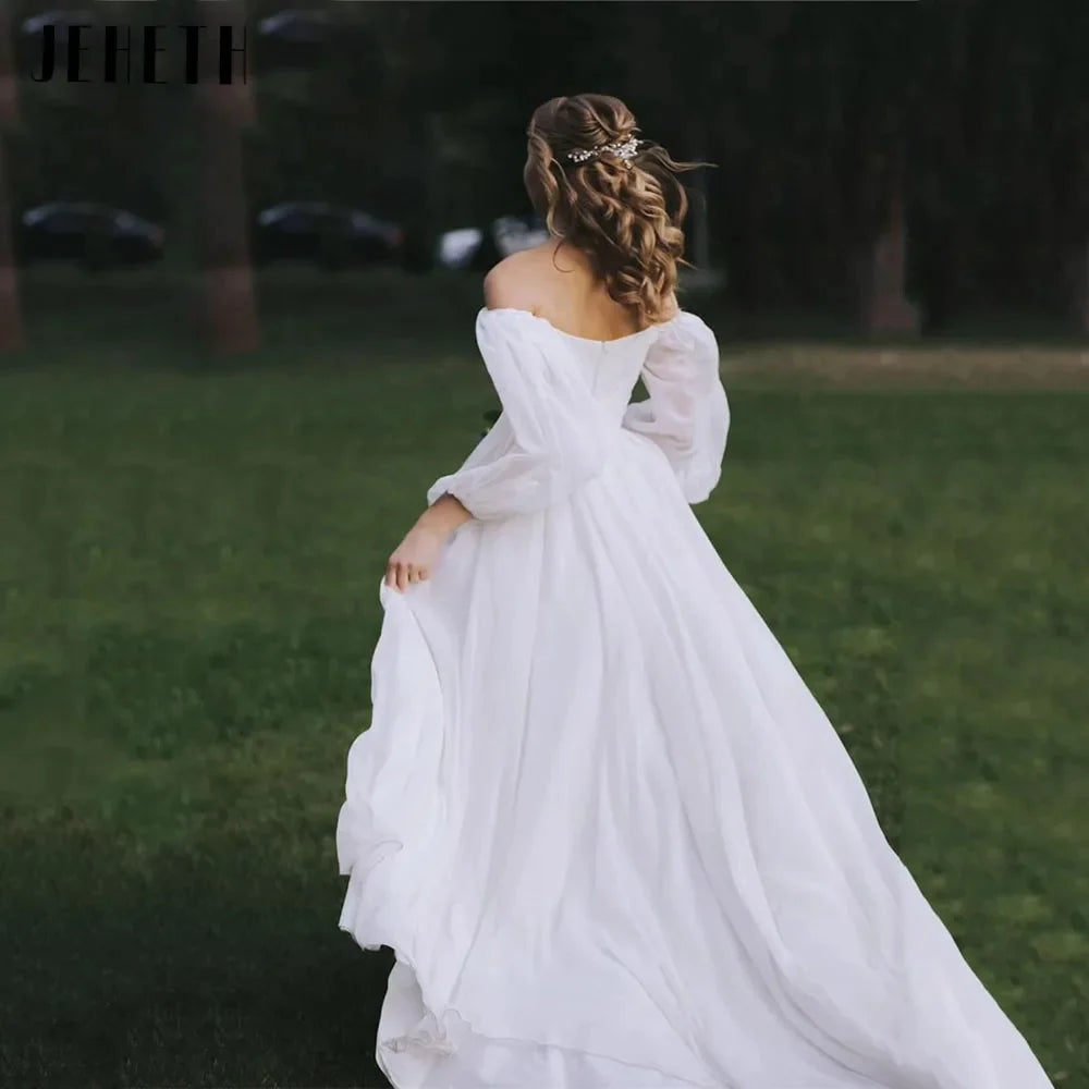 Off the Shoulder Chiffon Boho Wedding Dress 2022 V-Neck Long Lantern Sleeves A-Line Beach Bridal Gowns vestidos de novia-payinti