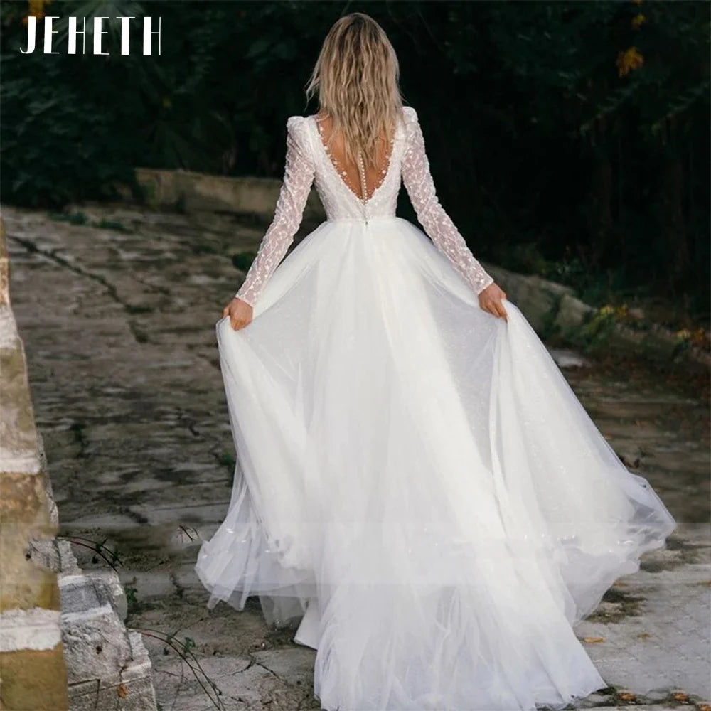 Sexy Long Sleeve Wedding Dress Beach Women Illusion Back Lace Appliques V-Neck A-Line Bridal Gown Tulle Vestidos De Novia-payinti
