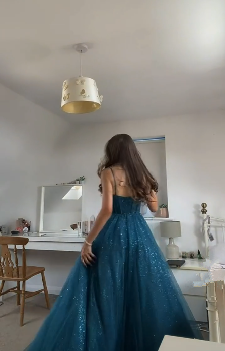 A-Linie Spaghettiträger Glitzer Tüll Ballkleid Schickes Abendkleid Y406