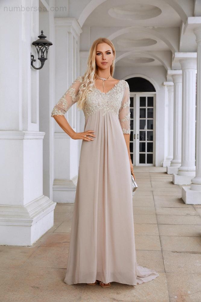 Frauen Chiffon V-Ausschnitt Lange Halbarm Mutter der Braut Kleid Hochzeit Hochzeitsfeier SY28108