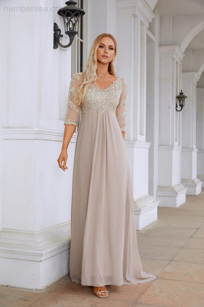 Frauen Chiffon V-Ausschnitt Lange Halbarm Mutter der Braut Kleid Hochzeit Hochzeitsfeier SY28108