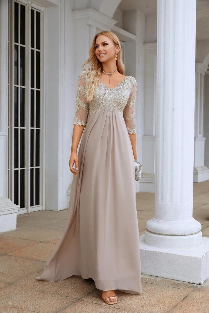 Frauen Chiffon V-Ausschnitt Lange Halbarm Mutter der Braut Kleid Hochzeit Hochzeitsfeier SY28108
