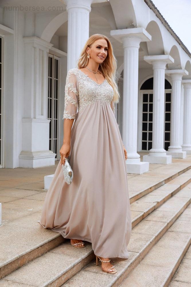 Frauen Chiffon V-Ausschnitt Lange Halbarm Mutter der Braut Kleid Hochzeit Hochzeitsfeier SY28108