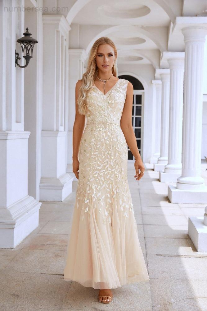 Damen V-Ausschnitt Stickerei Ärmellos Bodenlang Meerjungfrau Brautjungfer Abendkleid Hochzeit Party Abschlussball Abendkleid SY28110
