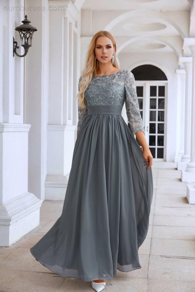 Damen Rundhals Langarm Spitze Chiffon Brautjungfer Abendkleid Abschlussball Hochzeit Abendkleid SY28114
