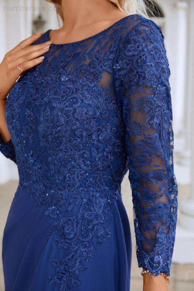 Damen Chiffon V-Ausschnitt Stickerei Langarm Frontschlitz Brautjungfernkleider Hochzeit Party Abschlussball Abendkleid SY28130