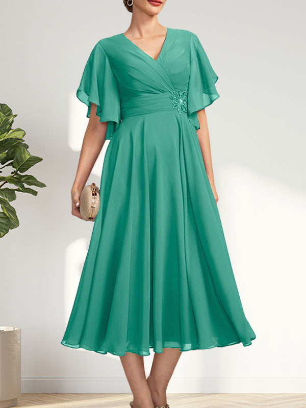 A-line V-Neck Tea-Length Chiffon Mother of the Bride Dress With Pleated Beading