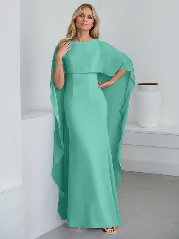 Bodenlanges Etui-Kleid aus Chiffon mit U-Ausschnitt und kaskadierenden Rüschen