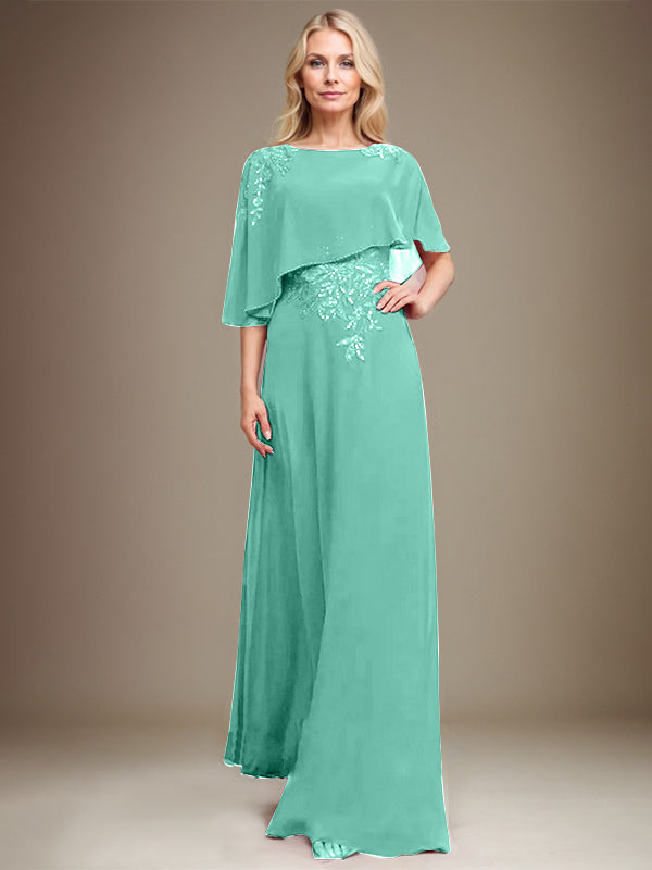 A-Linie U-Ausschnitt Bodenlang Chiffon Spitze Kleid für die Brautmutter mit Pailletten und Perlen