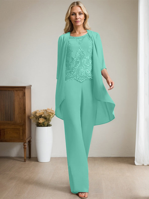 Separates Jumpsuit/Hosenanzug, U-Ausschnitt, bodenlanges Chiffon-Spitzenkleid für die Brautmutter mit Perlen und Pailletten