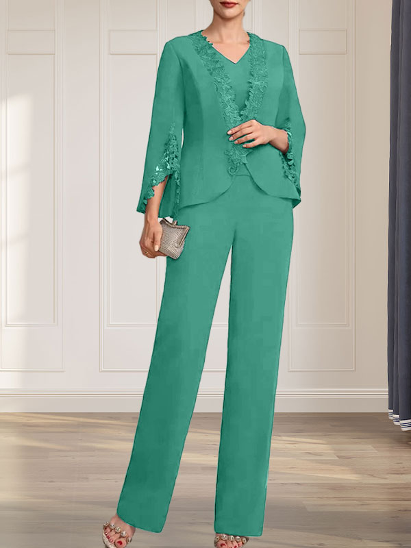 Separates Jumpsuit/Hosenanzug V-Ausschnitt Bodenlanges Chiffonkleid für die Brautmutter