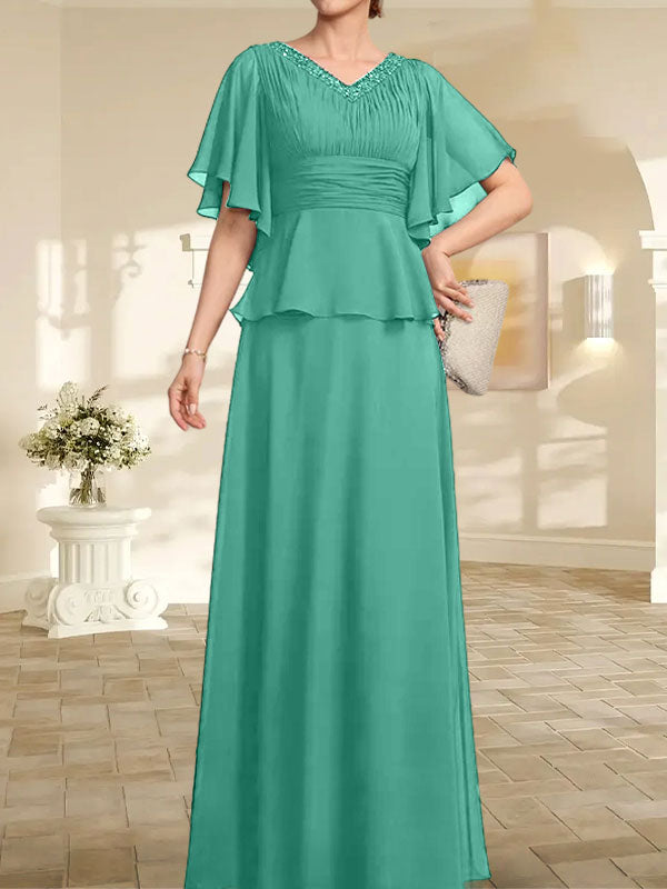 A-Linien-Kleid aus Chiffon mit V-Ausschnitt und bodenlangem Schnitt für die Brautmutter mit plissierten Perlen