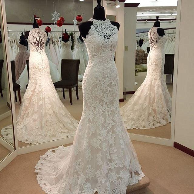 Jewel Neck Mermaid Lace Applique Sleeveless Wedding Dresses WD182