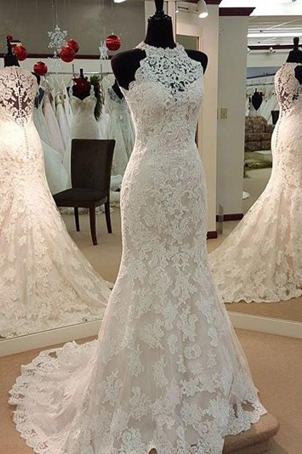 Jewel Neck Mermaid Lace Applique Sleeveless Wedding Dresses WD182