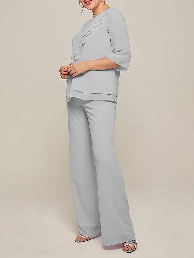 Jumpsuits mit U-Ausschnitt und halblangen Ärmeln, Chiffon-Hosenanzüge für die Brautmutter mit Rüschen