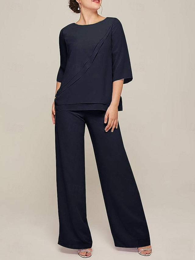 Jumpsuits mit U-Ausschnitt und halblangen Ärmeln, Chiffon-Hosenanzüge für die Brautmutter mit Rüschen